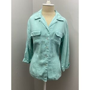 EDWARD Women's 100% Linen Blouse Button Up Shirt Floral Embroidery Beaded Size M